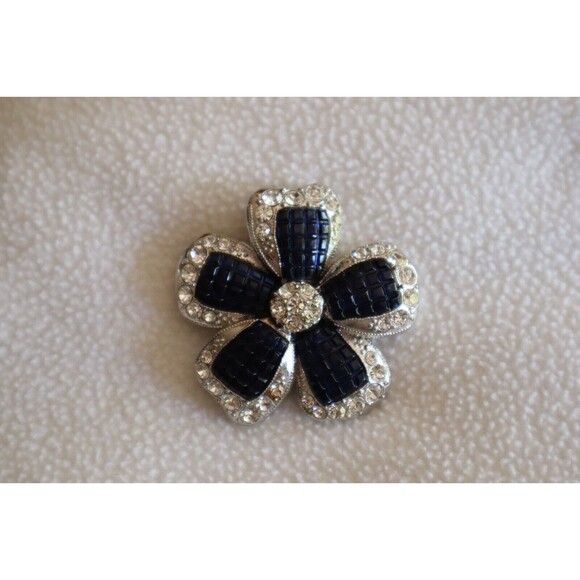 Vintage Signed Avon Blue Waffle Lucite Rhinestone Flower Silver Tone Brooch 1.8" - Picture 13 of 14